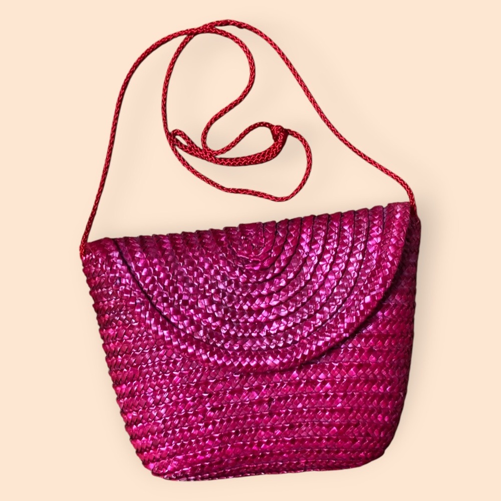 Vintage 70s Red Straw Crossbody Purse Hong Kong Summer Casual Cute Women’s Bag
